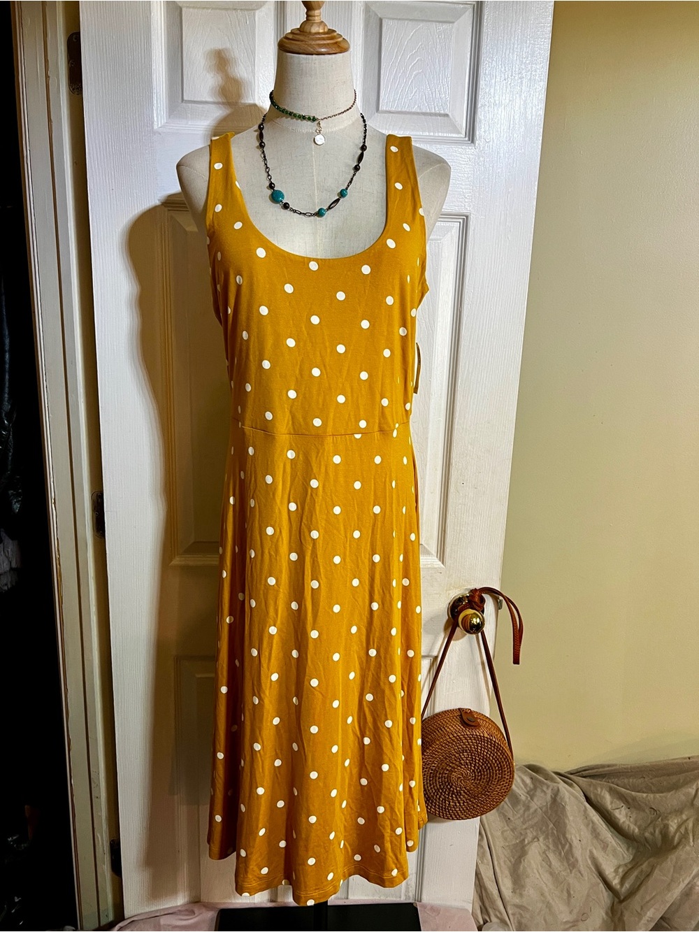 New Old Navy Wms Yellow White Polka Dot Jersey Tank Boho Retro Fit&Flare Dress L